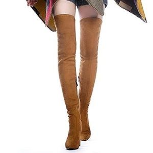 New stretch chunky heel thigh high brown boots